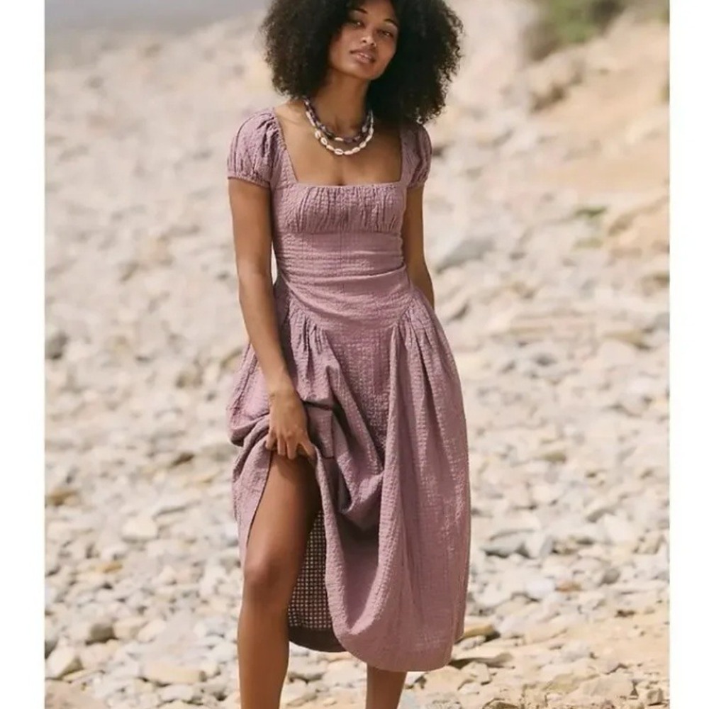 Free People Ciara Pucker Check Midi Dress in Plum Dust Purple Size Medium NWT